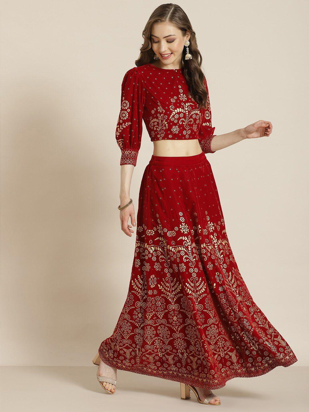 juniper maroon & gold-toned foil printed ready to wear velvet lehenga choli with dupatta