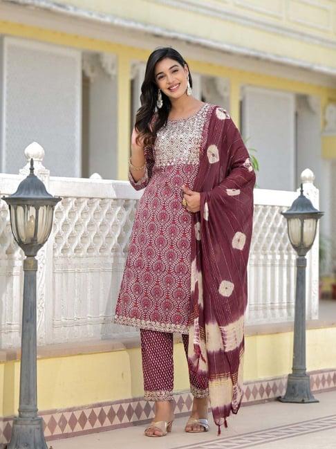 juniper maroon cotton printed kurta pant set with dupatta