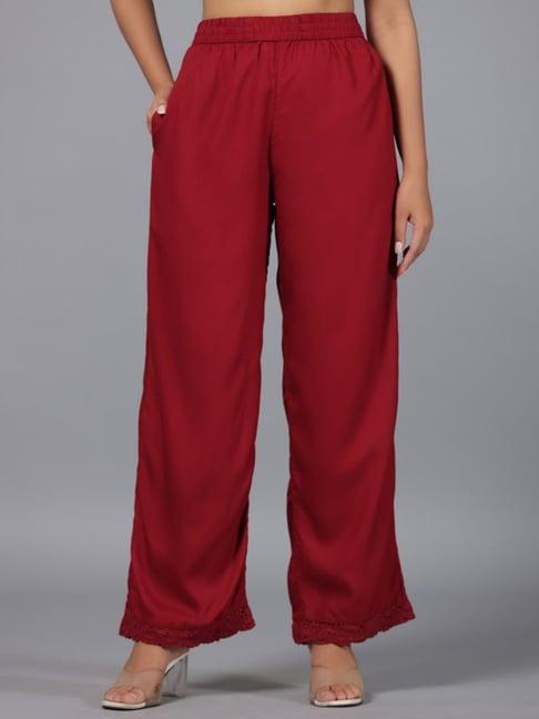 juniper maroon solid rayon lacy palazzo with partially elasticated waistband