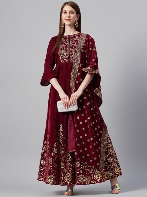 juniper maroon velvet ethnic motif printed lehenga choli & dupatta set