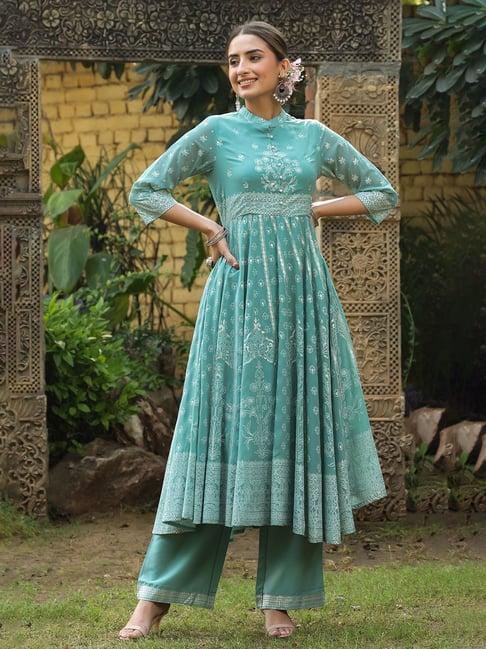 juniper mint blue georgette printed anarkali kurta & palazzo set