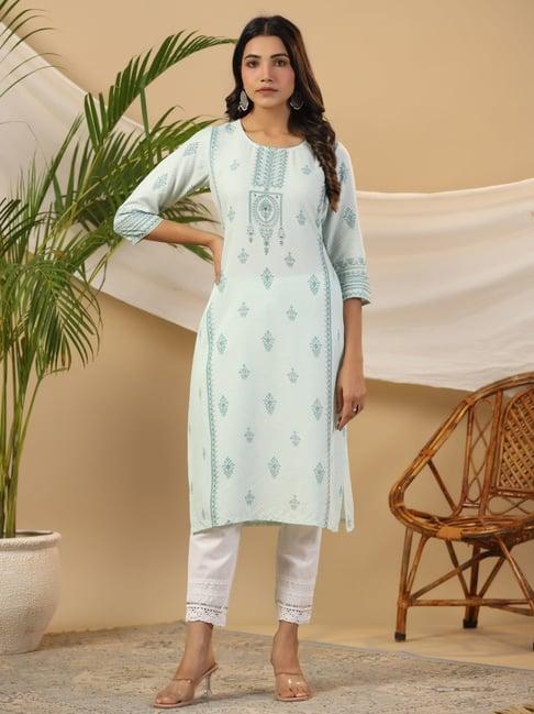 juniper mint ethnic motif printed rayon kurta with beads & sequins