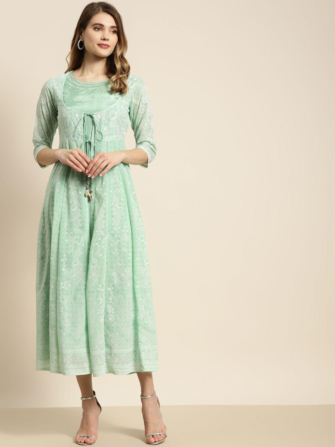 juniper mint green & silver yoke mirror work a-line midi dress with ethnic jacket