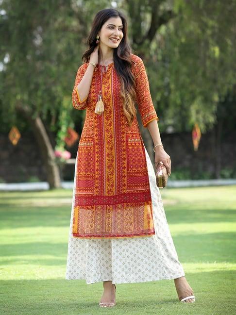 juniper mustard chiffon ethnic motif printed straight kurta with tie-ups