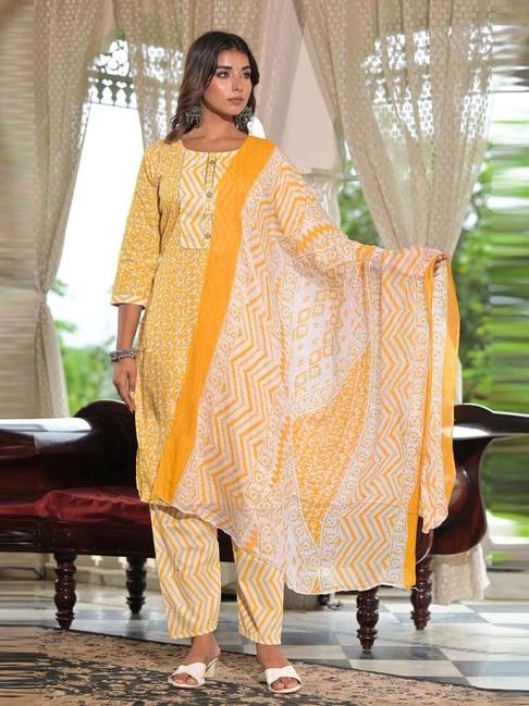 juniper mustard cotton printed kurta pant set with dupatta