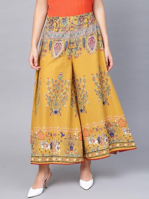 juniper mustard ethnic motif printed flared cotton women palazzo with one pocket