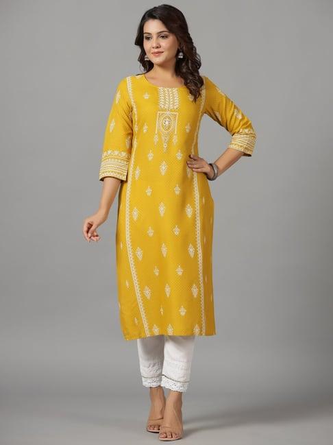 juniper mustard ethnic motif printed rayon kurta with beads & sequins