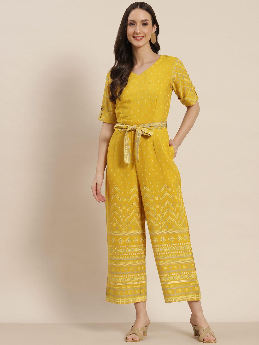 juniper mustard yellow ethnic motifs printed basic jumpsuit