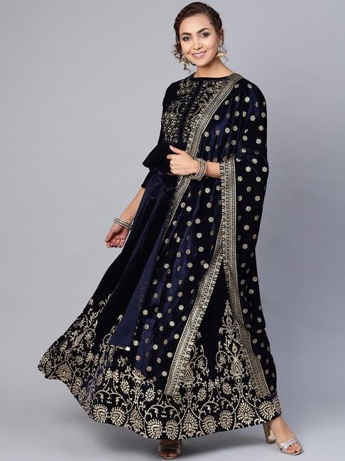 juniper navy blue velvet ethnic motif printed lehenga choli & dupatta set