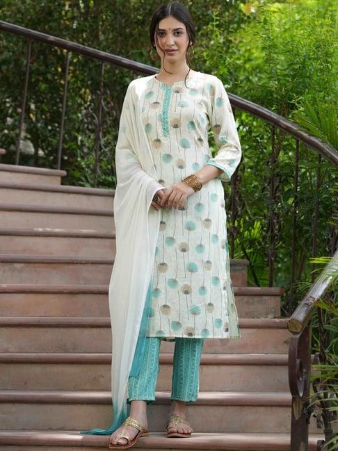 juniper off-white & blue printed kurta pant set with dupatta