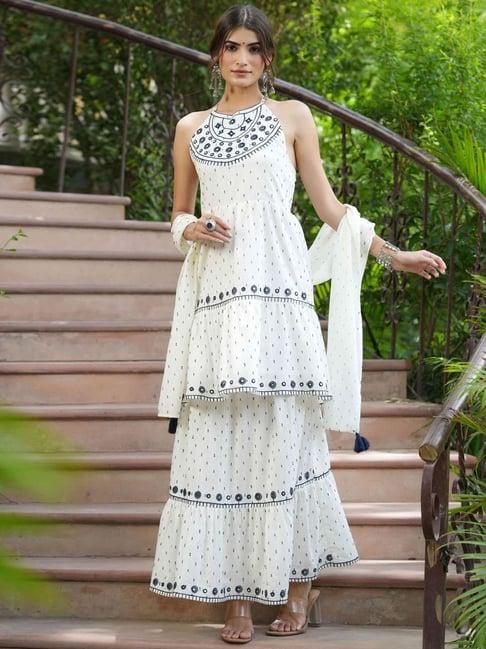 juniper off-white cotton embroidered kurta skirt set with dupatta
