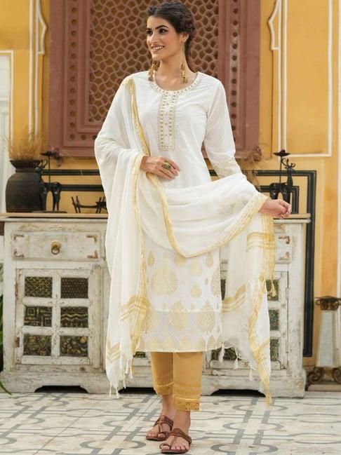 juniper off-white ethnic motif printed & embroidered georgette kurta & silk dupatta set