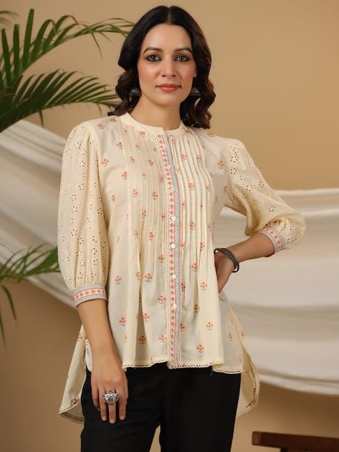 juniper off-white ethnic motif printed pure cotton tunic with lace