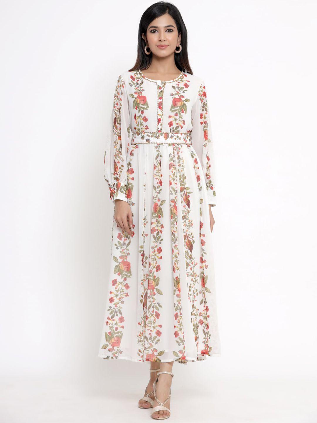 juniper off white floral printed chiffon maxi dress with belt