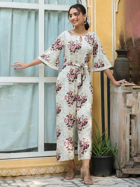 juniper off-white floral printed rayon slub jumpsuit with zip closure