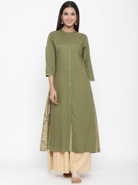 juniper olive ethnic motif printed rayon a-line women kurta