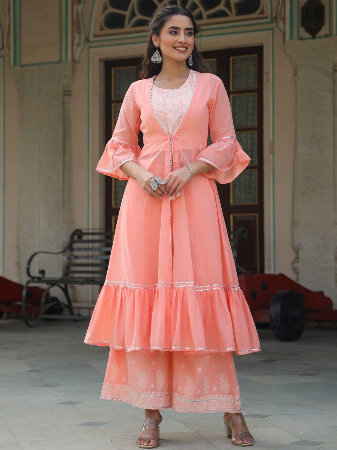 juniper peach-coloured & white embroidered top with palazzos & shrug co-ord set