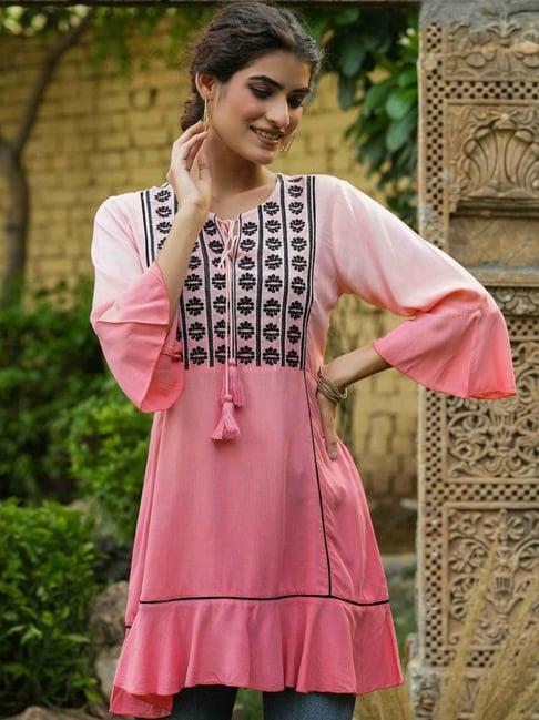 juniper peach rayon festive embroidered tiered tunic for women