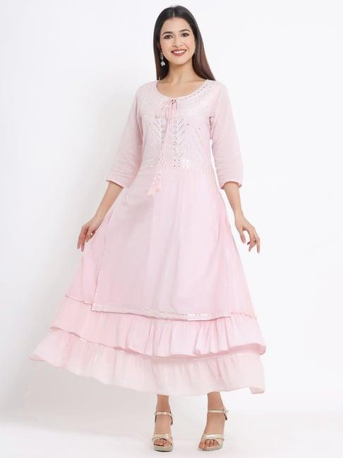 juniper pink cotton embroidered layered maxi dress with dori tassels