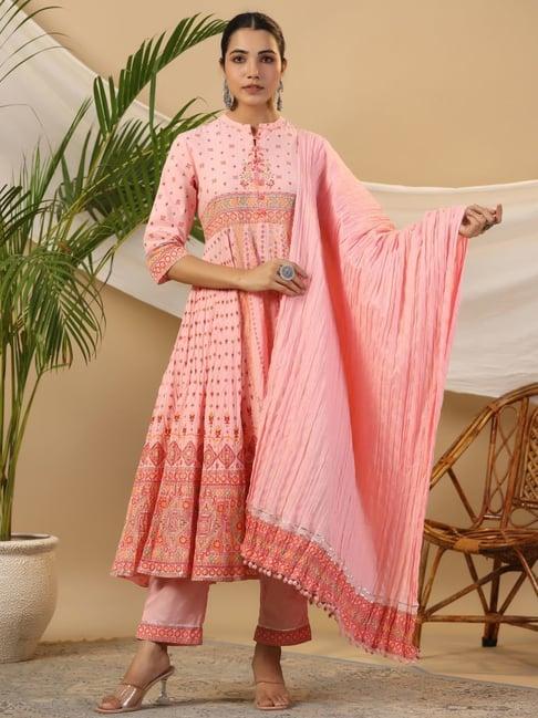 juniper pink cotton printed kurta pant set with dupatta