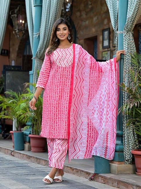 juniper pink cotton printed kurta pant set with dupatta