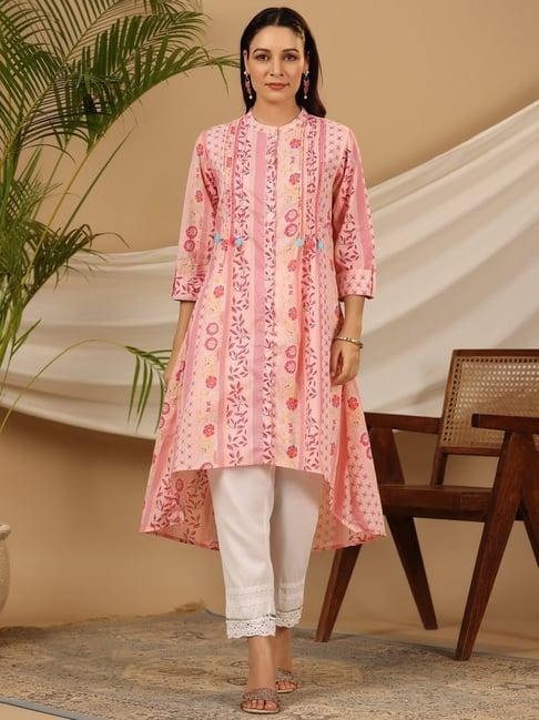 juniper pink floral printed cotton cambric kurta with sequins work