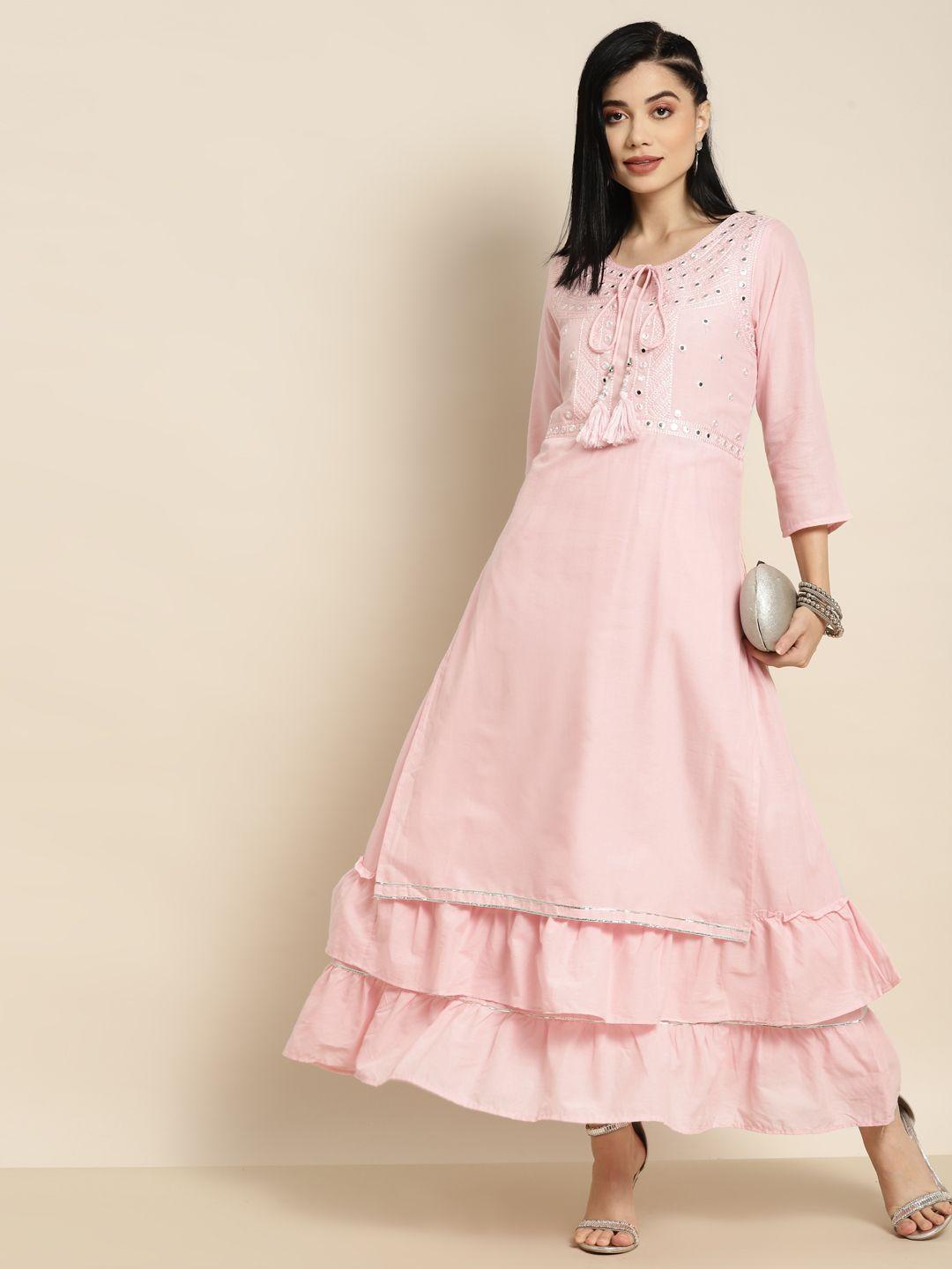 juniper pink mirror work layered maxi ethnic dress