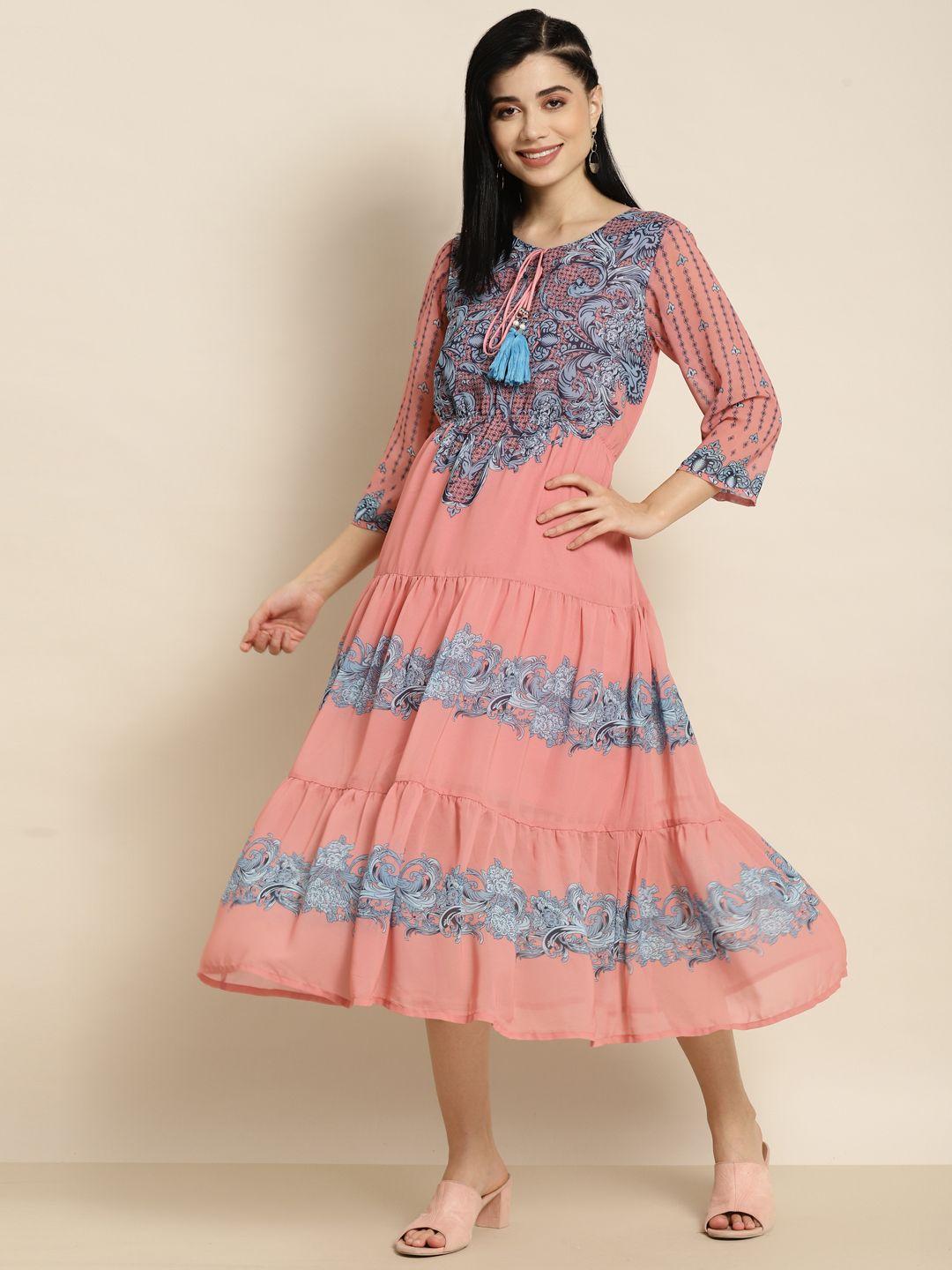 juniper pink printed tiered fit & flare ethnic dress