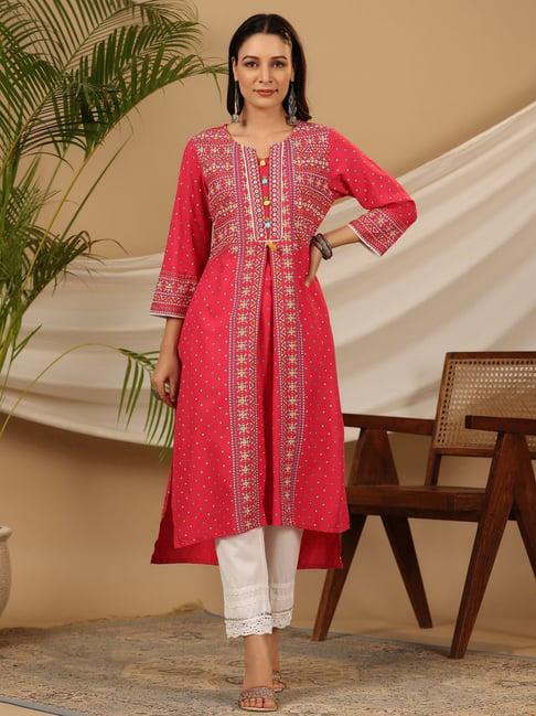 juniper pink women rayon tribal printed high-low kurta with 3d handwork & lace