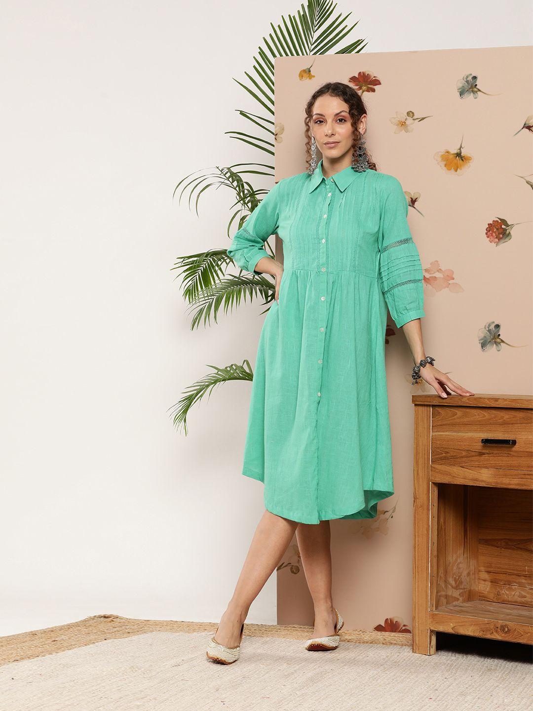 juniper pleated shirt collar midi ethnic a-line dress