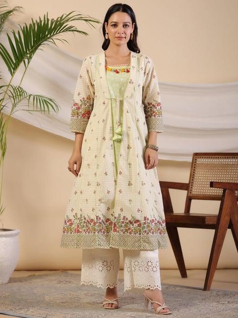 juniper pure cotton lime green floral lacy kurta & jacket with kantha work & contrast tassel coin