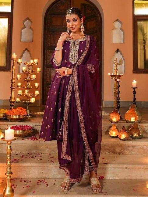 juniper purple chanderi ethnic motif printed kurta, pants & dupatta set with zari embroidery