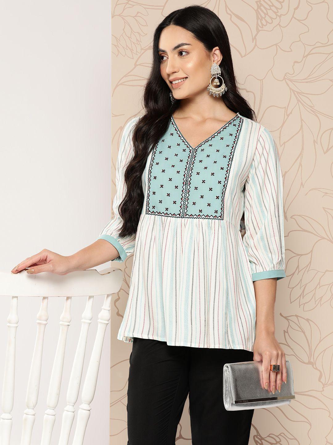 juniper rayon striped yoke embroidered tunic