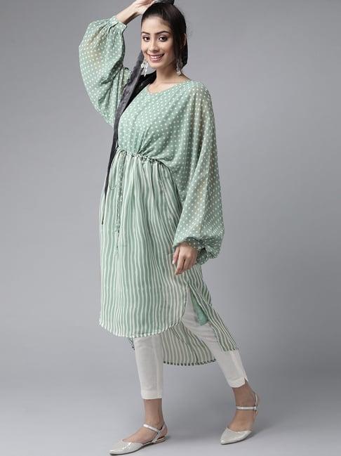 juniper sagegreen polka dots high low kurta