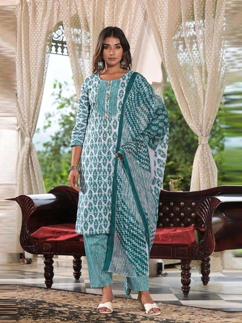 juniper sea green cotton printed kurta pant set with dupatta