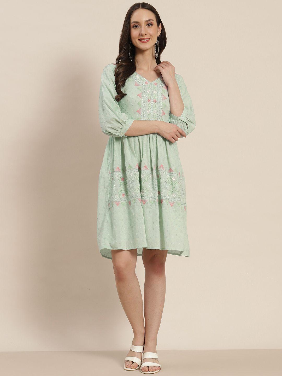 juniper sea green embroidered cotton dobby a-line dress