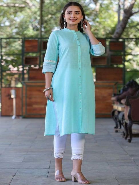 juniper sea green solid cotton slub kurta with buttons