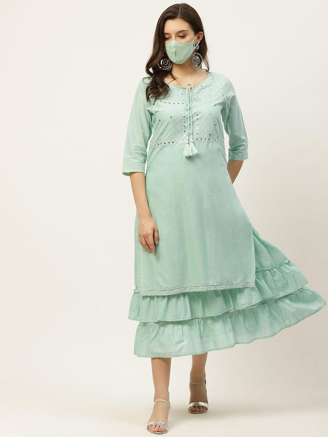 juniper sea green tie-up neck ethnic a-line midi dress with mask