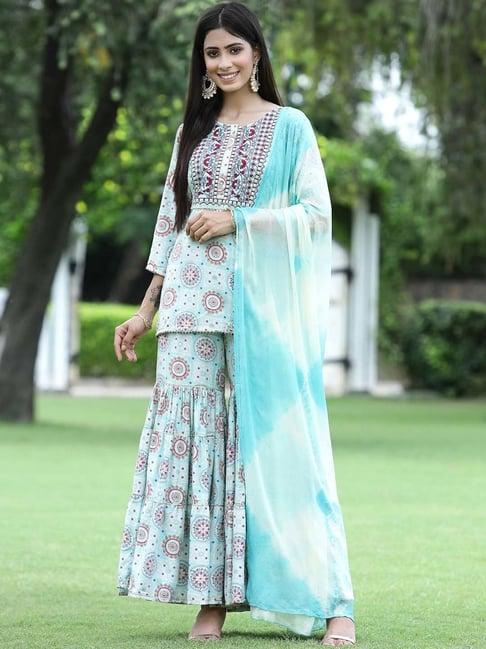 juniper sky blue cotton embroidered kurti sharara set with dupatta