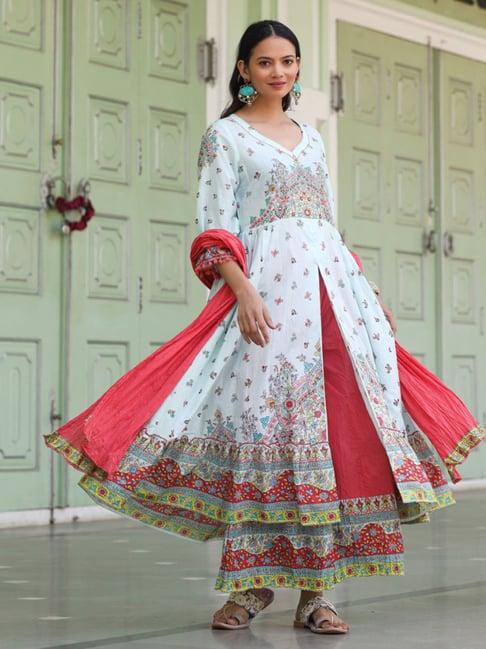 juniper sky blue cotton floral print anarkali kurta pants and dupatta set with sequins & beadwork