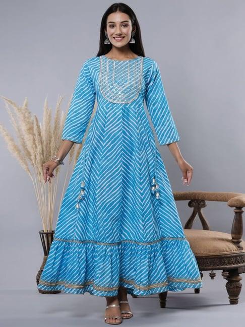 juniper sky blue cotton leheriya printed anarkali dress with embroidered yoke