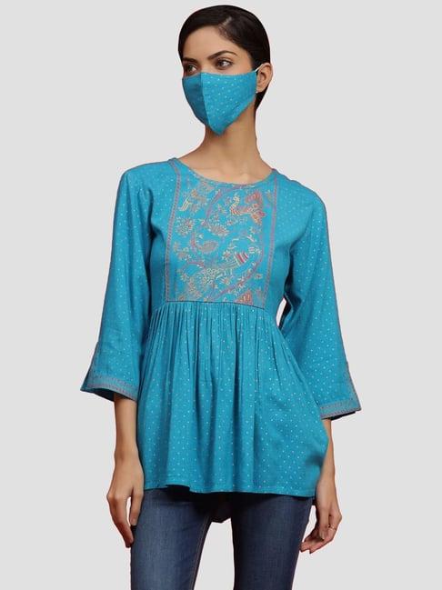 juniper sky blue printed tunic with mask