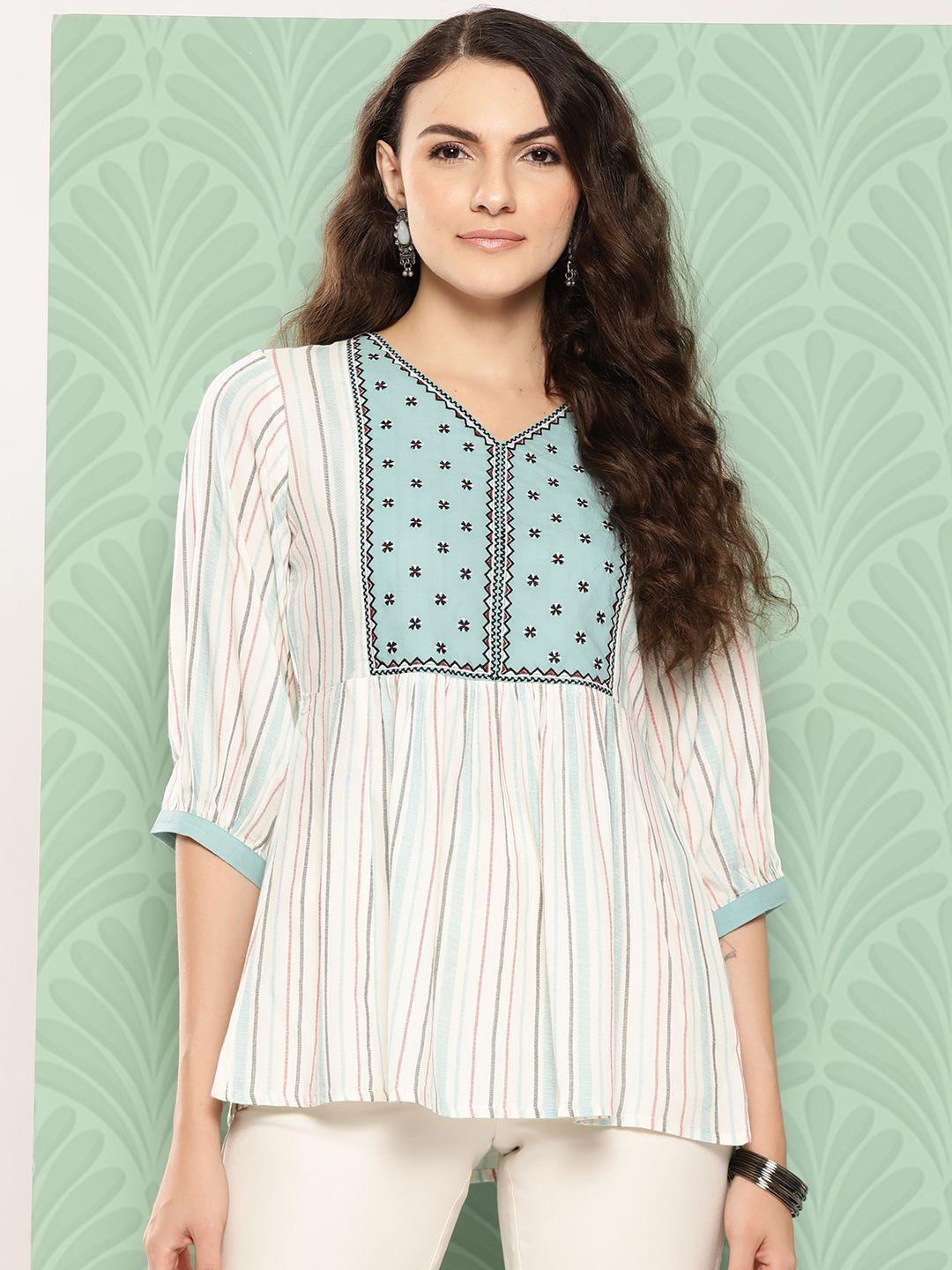 juniper striped embroidered puff sleeves tunic