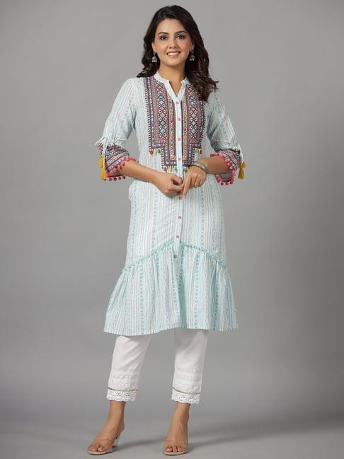 juniper the banjara blue cotton geometric printed tiered fusion kurta with contrasting pom-pom lace