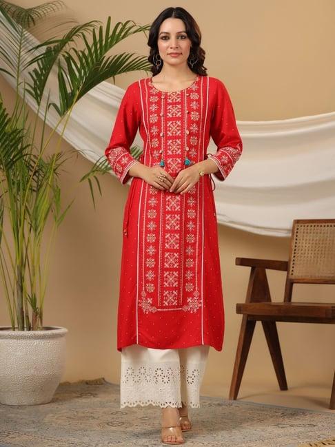 juniper the banjara women red tribal printed a-lined kurta with contrast tassels sequins & beadwork