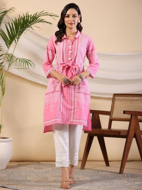 juniper the dhara tie-up pink geometric print cotton fusion kurta with contest 3d beadwork & tassels