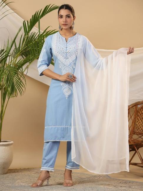 juniper the rooh cotton blue motif print kurta with pants & dupatta set with bead & sequin work