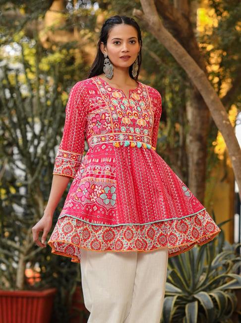 juniper the sujani pink floral printed pure cotton tunic with thread work