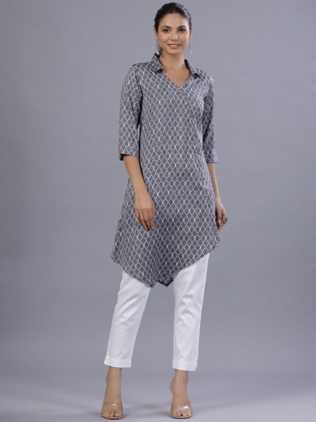 juniper v neck geometric checked  printed asymmetric hemline a-line kurta