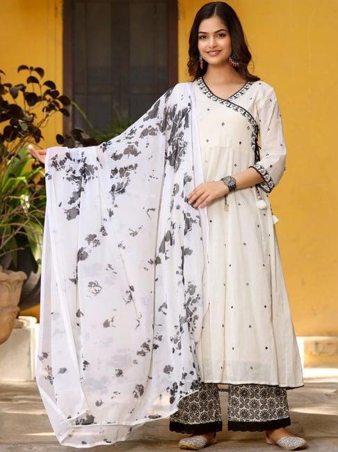 juniper white & black cotton embroidered kurta palazzo set with dupatta